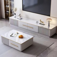 Ensemble Table Basse et Meuble TV en Bois Massif avec Plateau en Quartz Crème, Style Luxe Léger et Minimaliste Moderne, Meubles de Salon