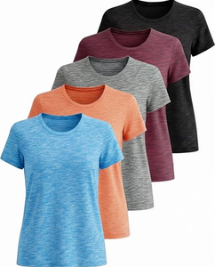 Camiseta sin mangas para mujer, cuello redondo, manga corta, ajuste holgado, color liso melange, ropa deportiva casual, secado rápido frontal, venta al por mayor OEM ODM - Product Image 1
