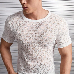 Thời Trang Mới Người Đàn Ông Của 2023 Áo Len Mùa Hè Ngắn Tay Áo Dệt Kim Người Đàn Ông Của Rắn Chỉ Đan Top Vòng Cổ Áo Thun - Product Image 5