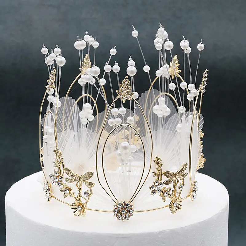 Lucido fatto a mano perla principessa velo corona Cake Topper torta nuziale decorazione sposa e sposo buon compleanno cappello decorazione torta
