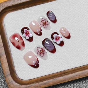 Lot de 10 faux ongles à presser en ABS, faits main, style français 3D, <span class=keywords><strong>orange</strong></span>, courts, avec strass, design rétro de luxe, forme amande, couverture complète pour les doigts - Product Image 4