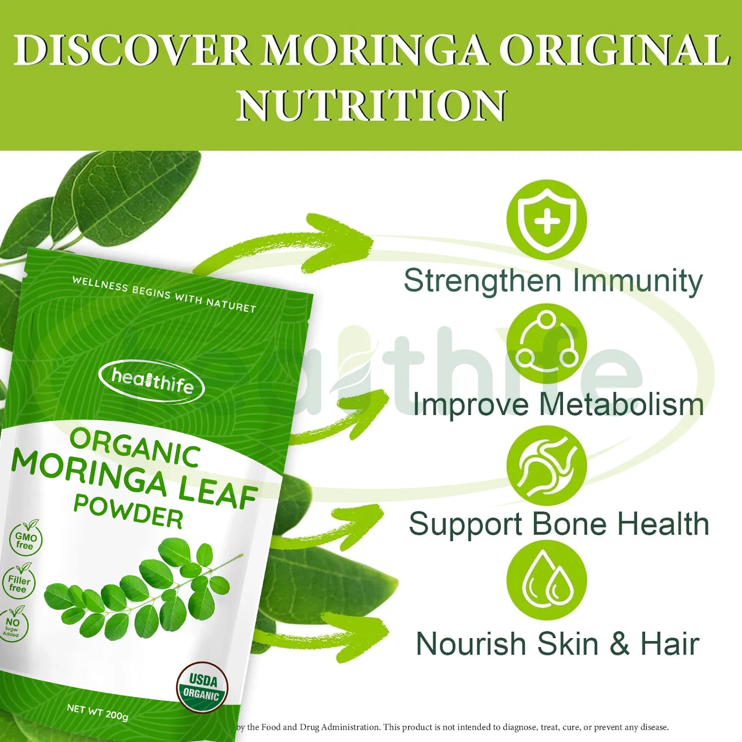Healthife Moringa yaprakları özü, organik Moringa yaprağı tozu