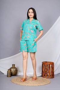 Wholesale Cotton Floral Printed Fabric Pajama <b>Set</b> With Button Down Shirt & Frill Bottom Pocket Pant Sleepwear Women Clothing - Product Image 6