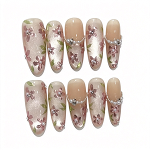 Uñas postizas artesanales de presión, largas, ovaladas, nude, francesas, efecto ojo de gato transparente, pintadas a mano, efecto espejo mágico, con pequeñas flores. - Product Image 1