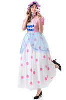 Robe de bergère pastorale pour femme, motif pois rose et bleu, tenue de cosplay de personnage de conte de fées pour performance scénique, vente en gros