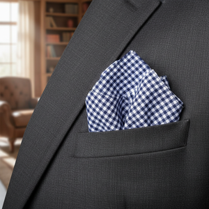 Men's Adult <b>Navy</b> Blue and White Gingham Patterned Cotton Pocket Square One Size - Product Image 3