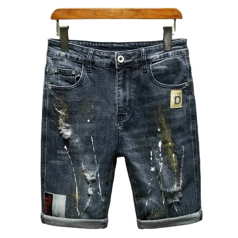 2024 new fashion dark blue ripped distressed denim jean shorts stretchy solid color denim shorts for men