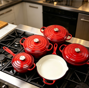 Ensemble de batterie de cuisine en fonte émaillée LFGB FDA, 5 pièces : casseroles, faitouts, poêle, casserole à sauce, marmites, compatible cuisinière et four - Product Image 3