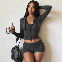 Ensemble décontracté 3 pièces pour femme : crop top rayé, veste à capuche et short moulant en Spandex/Polyester, coupe ajustée au-dessus du genou, style streetwear