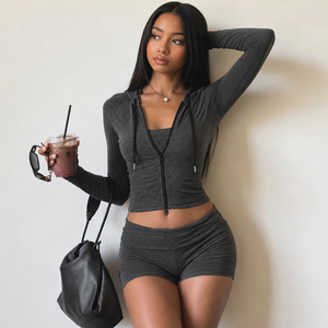 Ensemble décontracté 3 pièces pour femme : crop top rayé, veste à capuche et short moulant en Spandex/Polyester, coupe ajustée au-dessus du genou, style streetwear - Product Image 2