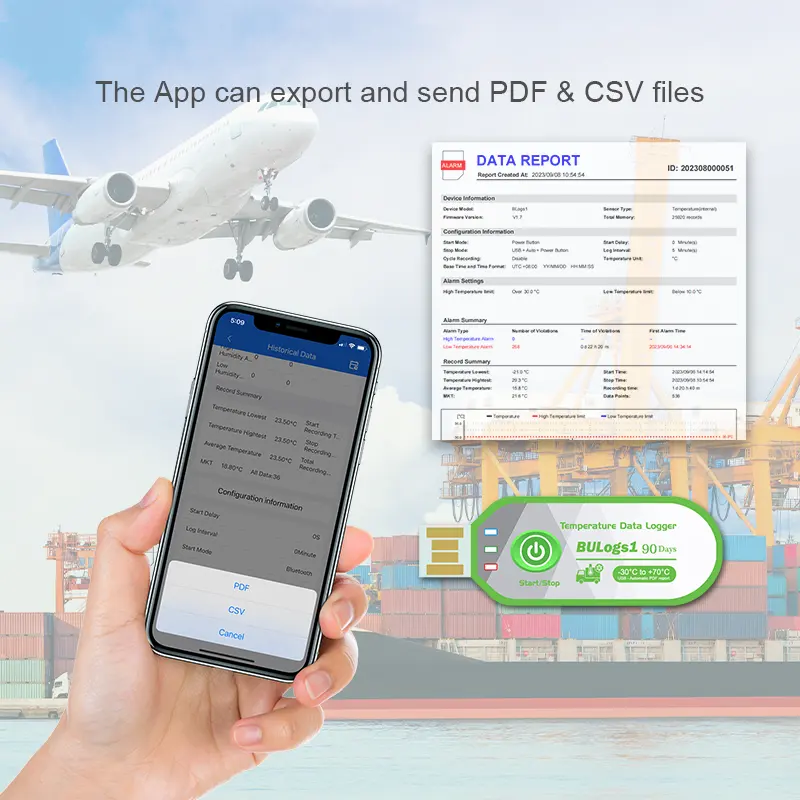परिवहन तापमान रिकॉर्डर के लिए वाटरप्रूफ IP67 वायरलेस ब्लू टूथ USB तापमान डेटा लॉगर