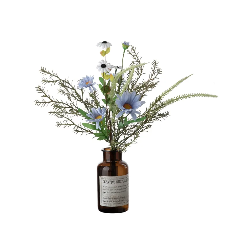 CF01252 Hellblaue Gänseblümchen-Chrysanthemen-Gerbera mit hand gefertigtem künstlichem Blumenstrauß aus Salbei-Rosmarin für Event-Party-Dekoration