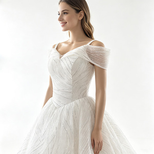 Nuevo Diseño Elegante <span class=keywords><strong>de</strong></span> Lentejuelas Vestido <span class=keywords><strong>de</strong></span> <span class=keywords><strong>Novia</strong></span> <span class=keywords><strong>de</strong></span> Gala con Hombros Descubiertos y Cuello en V Manga Corta Encaje Moderno Teñido Liso - Product Image 5
