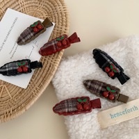 Barrettes à bec de canard en tissu à bord ondulé, motif écossais vintage cerise, style preppy mignon, pour la décoration des franges latérales des filles