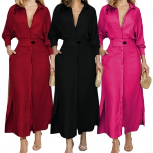 Nuovo Elegante Abito Camicia da <span class=keywords><strong>Donna</strong></span> <span class=keywords><strong>con</strong></span> Colletto a Risvolto, Maniche Lunghe e Tasche, <span class=keywords><strong>Vestito</strong></span> <span class=keywords><strong>Lungo</strong></span> <span class=keywords><strong>con</strong></span> <span class=keywords><strong>Spacco</strong></span> - Product Image 3