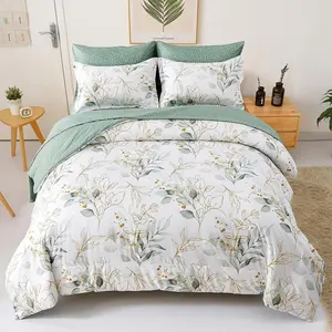 ALPHA TEXTILE Green Botanical Duvet Cover Set King 3 Pieces Reversible Green Gold Leaves Printed Bedding Set Soft Microfiber