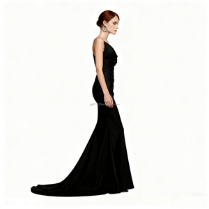 女性用ブラックワンショルダーサテンマーメイドマキシドレス、ルーチドディテールとトレイン、エレガントなフォーマルガウン原因ドレス - Product Image 2