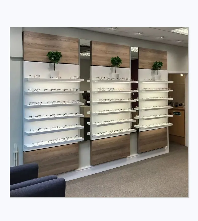 Optical Shop Showcase Interior Design Furniture Decoration Custom Eyewear Display Wall Cabinet for Sunglasses Mall Kiosk