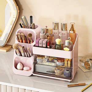 Cosmetic Storage <b>Box</b> With Drawers White Large Capacity <b>Makeup</b> Organizer For Brush Lipstick Eyeshadow Powder Puff Desktop Holder - Product Image 2