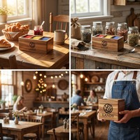 Boîte à sachets de thé Landy en bois d'acacia rustique écologique avec poignées, gravée, 3 compartiments, boîte de rangement ouverte pour café, vente en gros