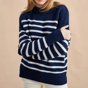 Maglione elegante a collo alto a righe larghe da <span class=keywords><strong>donna</strong></span> nero Pullover a maniche lunghe a collo alto lavorato a maglia a righe bianche nere - Product Image 3
