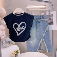 Dernière Tendance Mode Prêt à Expédier Vêtements Enfants T-shirt Haut Jean Jupe Deux Pièces Ensemble Vêtements Filles Tout-petits Vente en Gros