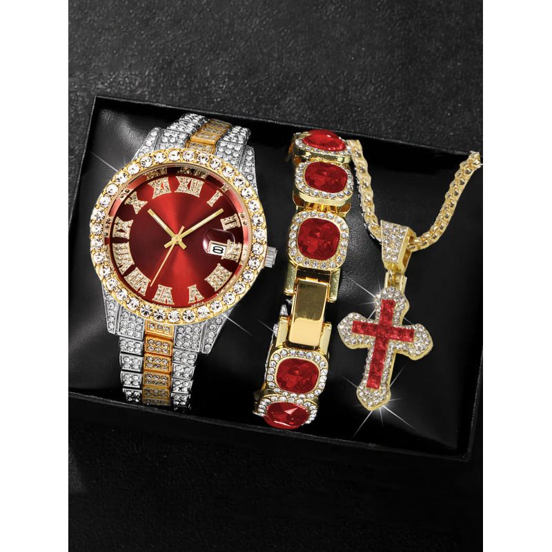 Or-argent-rouge-montre-bracelet en or-collier