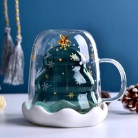 Gobelet à café en verre borosilicate à double paroi, résistant à la chaleur, design arbre de Noël, 300 ml, compatible micro-ondes et lave-vaisselle