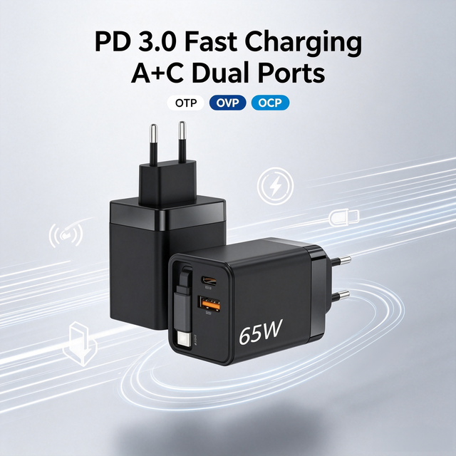 Fast 65W GaN Laptop Power Supply Adapter Retractable USB C Cable Dual Port PD 3.0 Travel AC with OTP OVP OCP