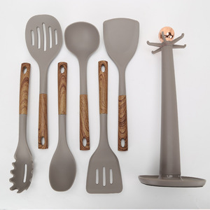 Ensemble d'ustensiles de cuisine en silicone avec manche imitation bois, résistant à la chaleur, pour la maison, avec support de rangement rotatif - Product Image 5