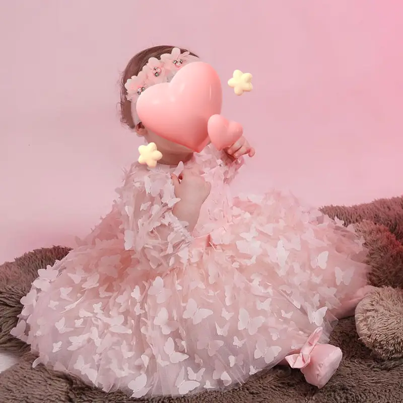 ホットセールファッションバタフライアップリケ1歳の誕生日ドレス女の赤ちゃん長袖赤ちゃん洗礼ドレス