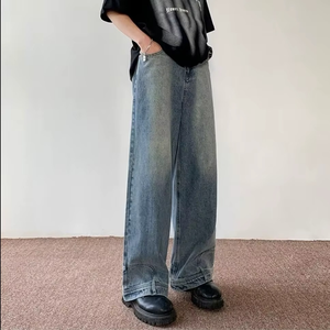 Jean cargo personnalisé pour homme, style streetwear hip-hop décontracté, coupe large et droite, délavé, 100% coton respirant - Product Image 1