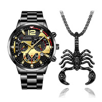 Set Jam Tangan dan Kalung Grosir untuk Pria, Tali Baja Anti Karat, Jam Bisnis Mewah, Jam Tangan Quartz Pria