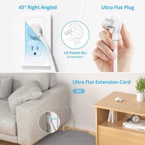 Cable de extensión ultrafino de 5 pies con enchufe plano Regleta de alimentación de 1625W y Puerto USB para computadora portátil y uso de micrófono - Product Image 3