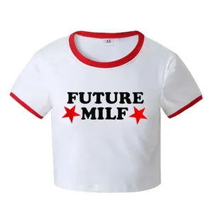 中国新デザインクロップトップマルチカラースターレディース半袖Tシャツ高品質レディースTシャツ