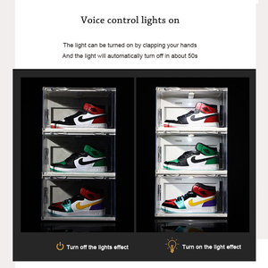 صندوق أحذية شفاف مع إضاءة، صندوق بلاستيكي مضيء للأحذية سهل التجميع وقابل للتكديس مع باب جانبي لتخزين الأحذية الرياضية - Product Image 4