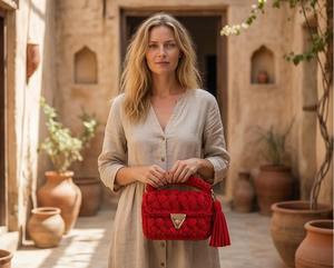 Bolso Rojo Trenzado Hecho a Mano, Estilo Bohemio Étnico, con Dos Correas de Perlas, Bolso de Hombro Boho, Tejido con Cordón de Algodón - Product Image 3