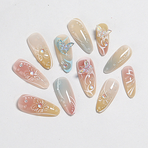 24 <span class=keywords><strong>faux</strong></span> ongles en ABS, forme amande, nude ombré, avec papillons 3D, fleurs et strass, réutilisables, en acrylique, avec colle, pour femmes - Product Image 4