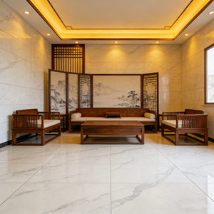 אריחי פורצלן מלוטשים עם מרקם שיש מציעים אריחי רצפה איכותיים לעיצוב אלגנטי של חלל מגורים פנימי. - Product Image 5