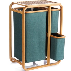 Panier à linge <span class=keywords><strong>double</strong></span> niveau carré en bambou bleu marine avec 3 compartiments en tissu et étagères de rangement - Product Image 1