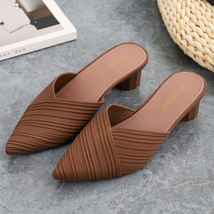 Haley Shark's New Women's Spring Summer Fashion Chunky Heel Baotou <b>Half</b> Slipper Pointed-Toe Casual Sandals Outer Wear - Product Image 6