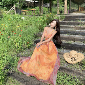 Vestido Largo de Gasa con Estampado Floral Naranja, Escote Cruzado, Cintura Imperio, Espalda Descubierta, Ideal para Fiestas y Celebraciones - Product Image 5