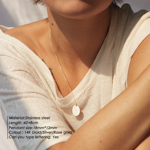 Collier pendentif ovale en acier inoxydable 316L minimaliste avec signes de personnalité : battement de cœur (ECG), ancre, couronne, clé, œil, croix - Product Image 2