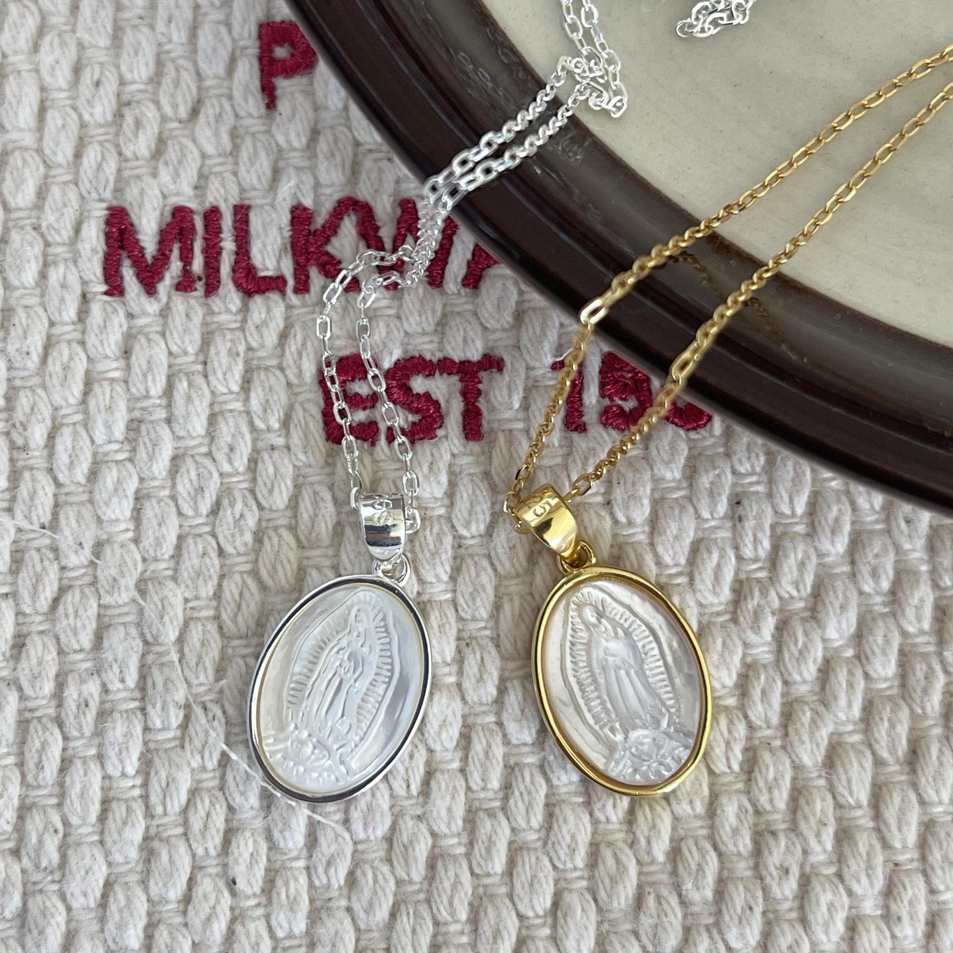 925 Sterling Silver Virgin Guadalupe Pendant Necklace White Shell 