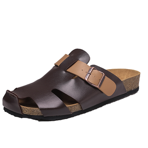 Nouvelles sandales plates d'été pour hommes, style sabot, en cuir PU souple, avec boucle en liège et lanières croisées, design classique italien, à bout fermé, semelle EVA - Product Image 1