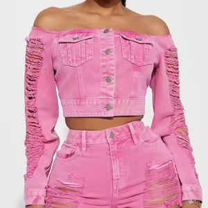 Ensemble en jean pour femme de haute qualité, sexy, avec crop top asymétrique et mini-short en jean délavé rose acid wash - Product Image 3