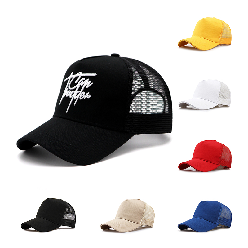 Benutzer definierte gestickte Logo Mesh Back Cap Benutzer definierte Stickerei Logo Männer Trucker Hut Kappe 5 Panel Private Label Baumwolle Baseball Cap