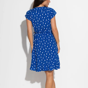 Robe courte décontractée pour femme, imprimée sur mesure, bleue à pois, col en V, manches courtes à volants - Product Image 2