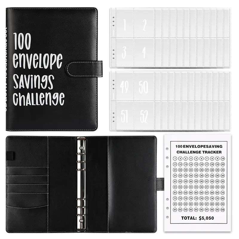100 tantangan penghematan amplop A5 tantangan penjilid anggaran kulit PU perencana binder anggaran notebook untuk hemat uang dalam jumlah besar