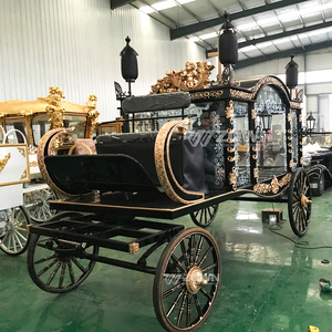 Cercueil funéraire antique européen à chevaux, noir, avec ornements dorés, cabine vitrée, chariot de transport de cercueil - Product Image 5